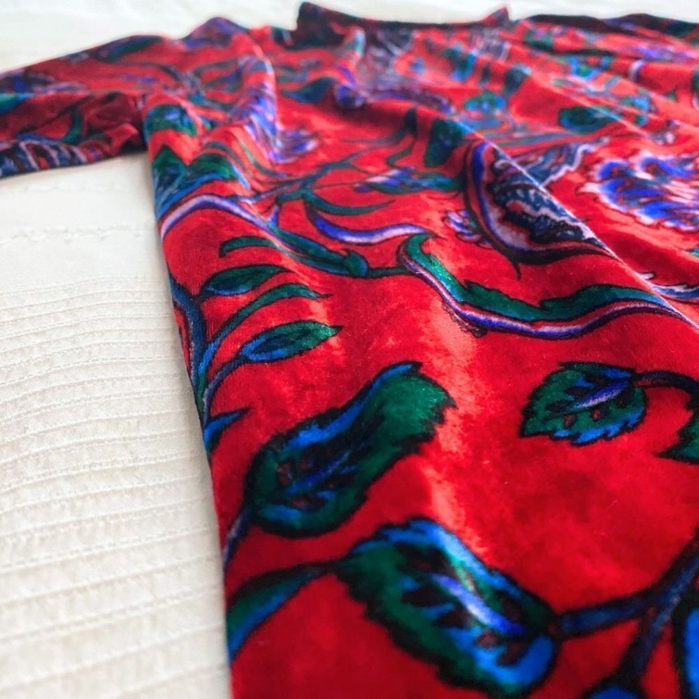 SANDRO PARIS RED BLUE GREEN FLORAL VELVET LONG TEE PULLOVER TOP - S (SIZE 1) - Picture 9 of 12